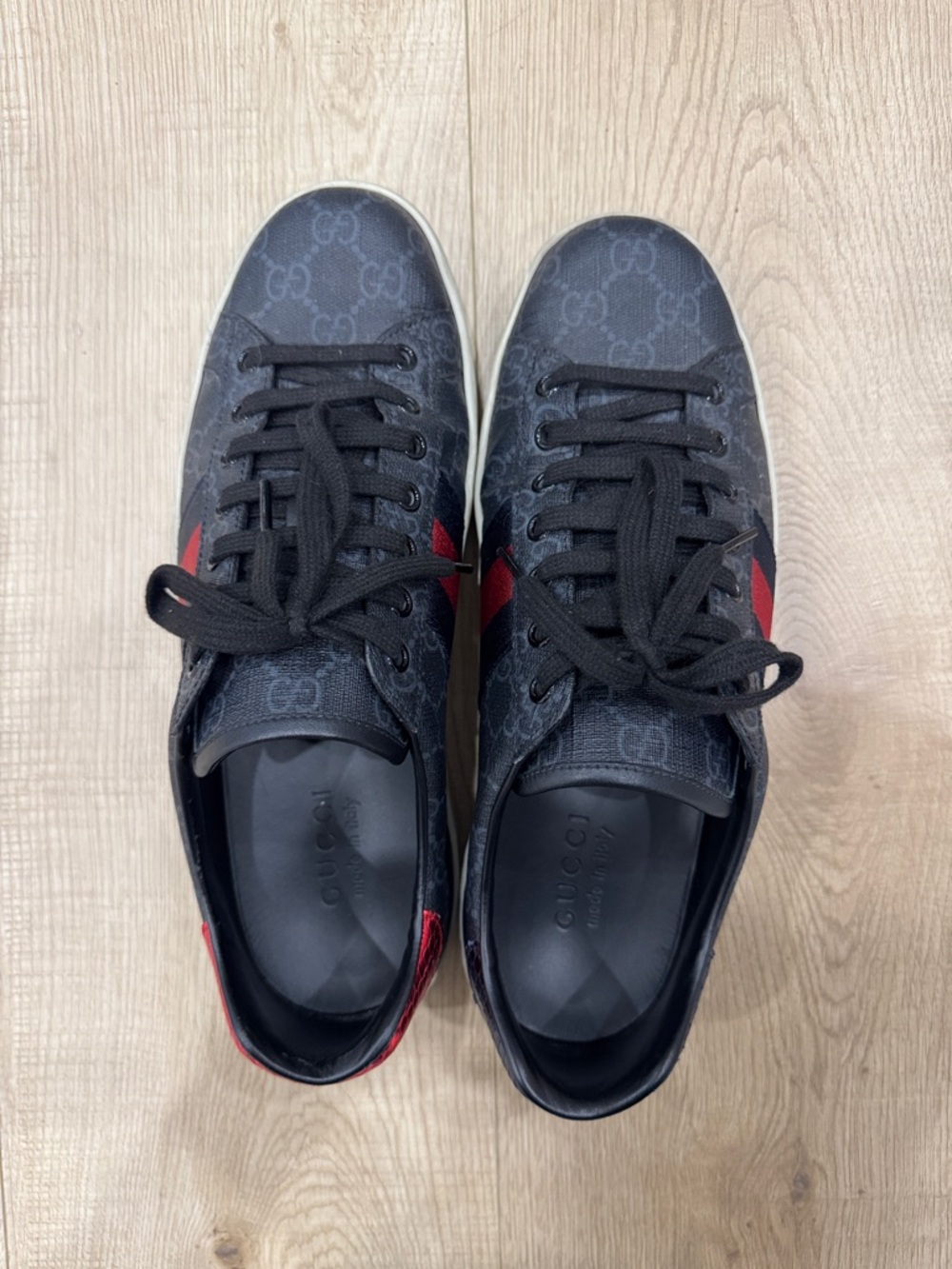 Gucci Black Sneakers with Red Stripe Accent